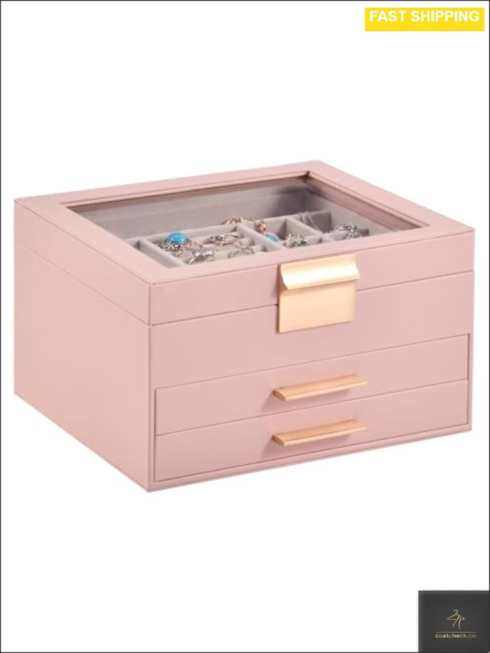 3 Layer Jewelry Box Organizer PU Leather Glass Lid